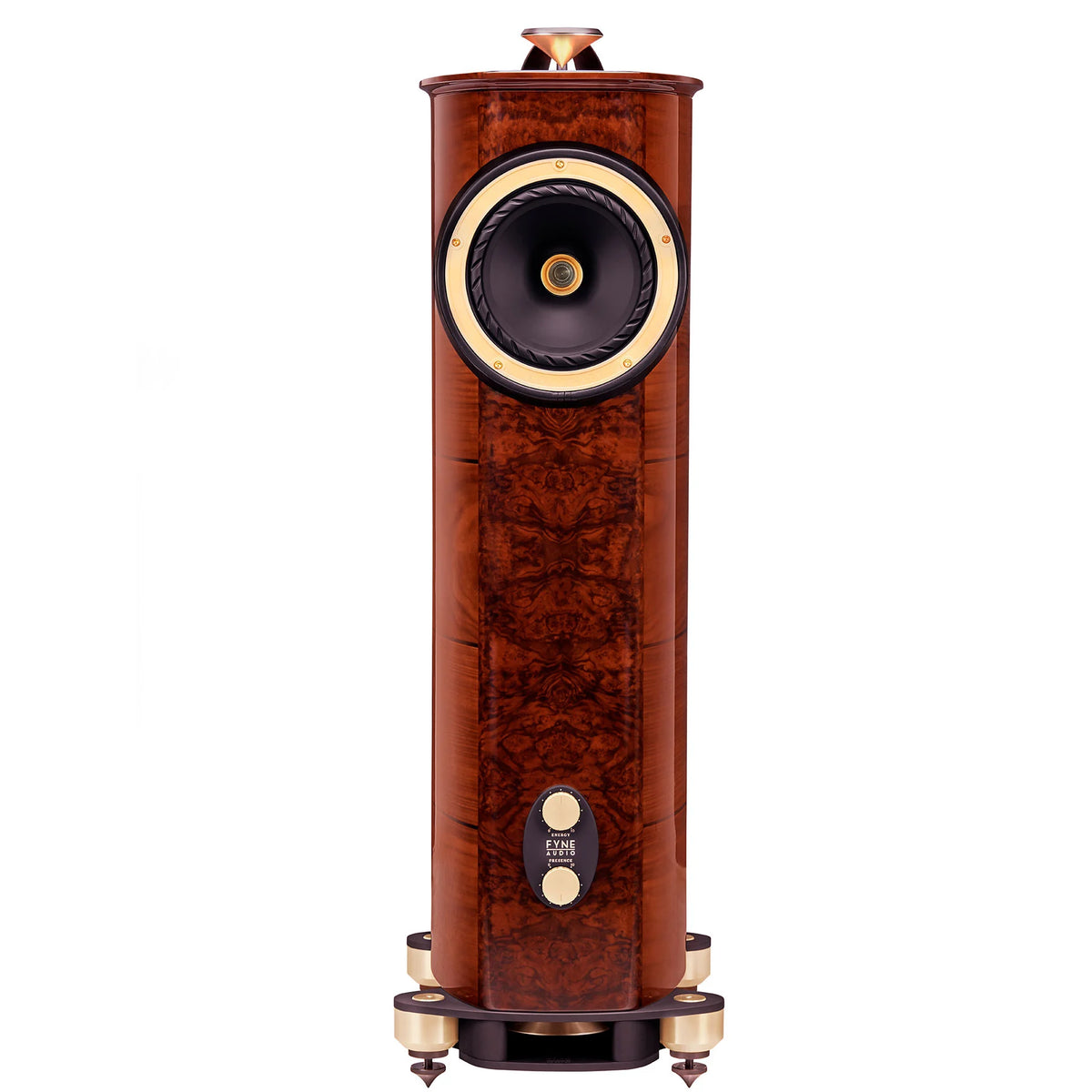 A tall, floor-standing wooden speaker cabinet with a rich reddish-brown burl wood finish, featuring a large circular speaker grille with gold trim, a central black and gold driver, and matching gold and brass-toned feet on a white background.