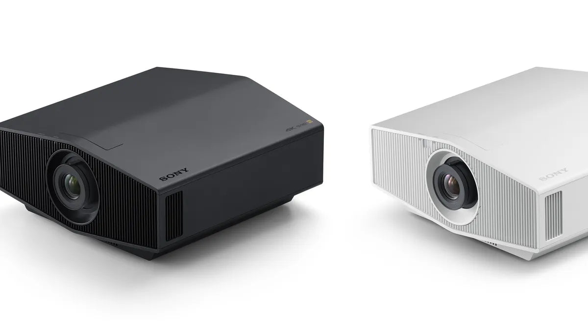 Two Sony projectors, one black and one white, on a white background