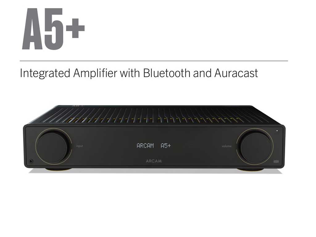 Black integrated amplifier with Bluetooth and Auracast on a white background