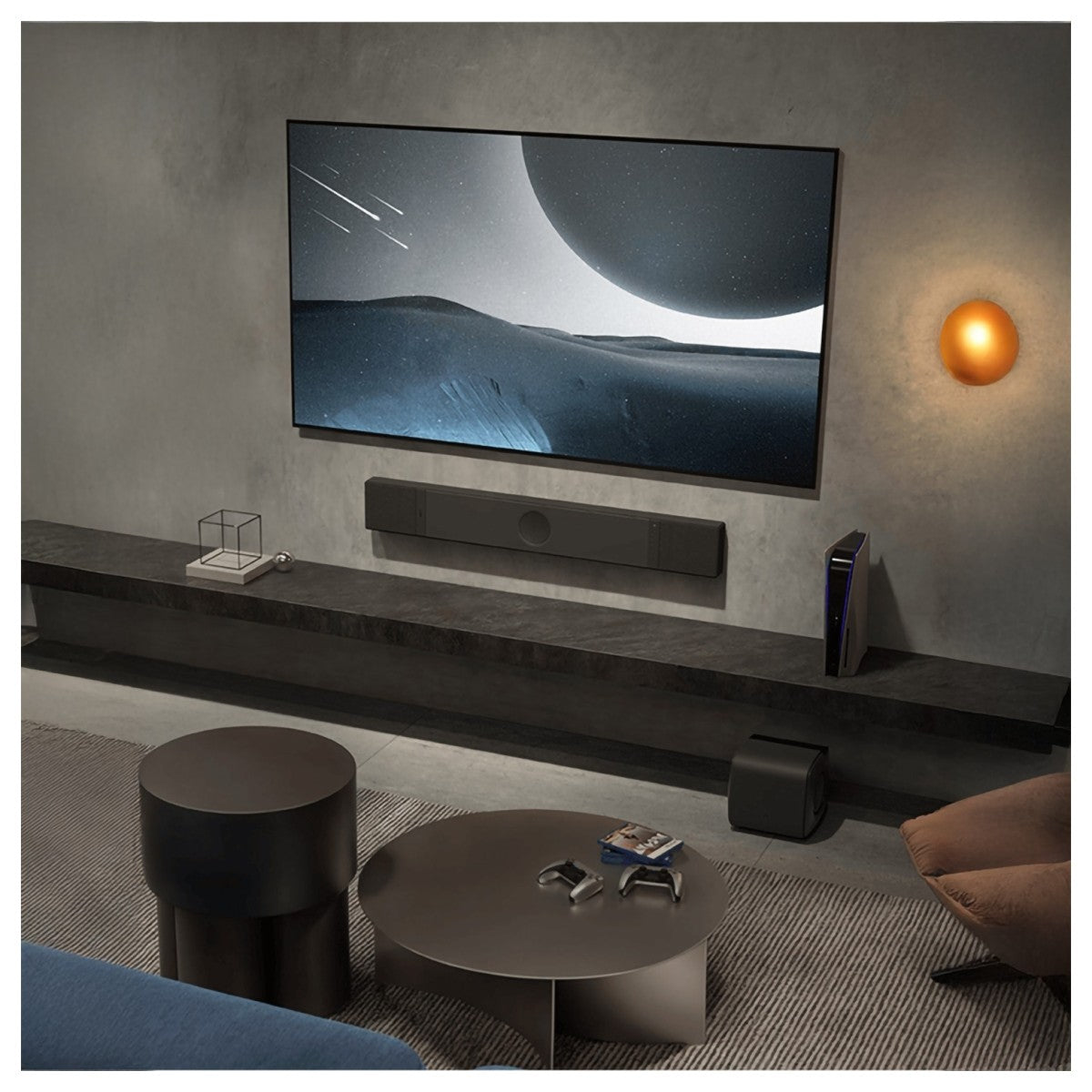KEF XIO Soundbar on wall below tv