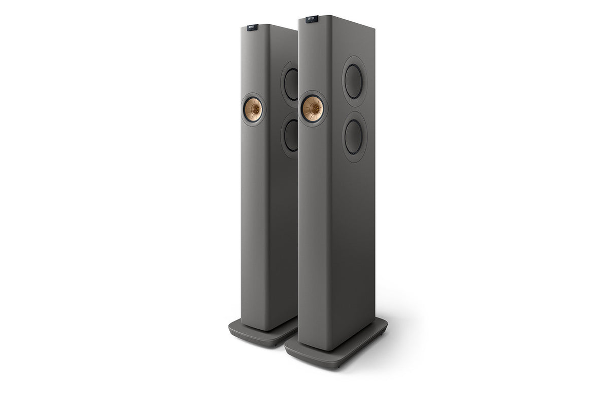 KEF LS60 Wireless floorstanding speakers in Titanium Grey finish, front view showing Uni-Q driver array
