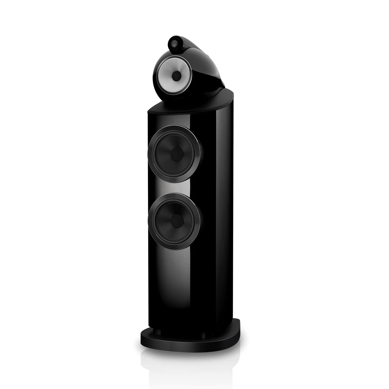 Front Black Stealth Bowers & Wilkins 803 D5 angled view 
