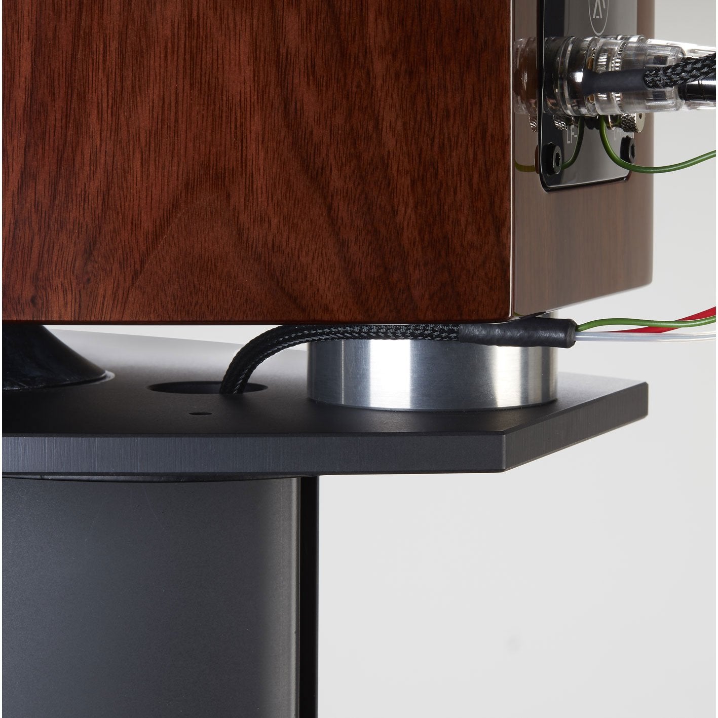 image of a speaker stood on Fyne Audio FS8 Speaker Stands with cables going through the stand