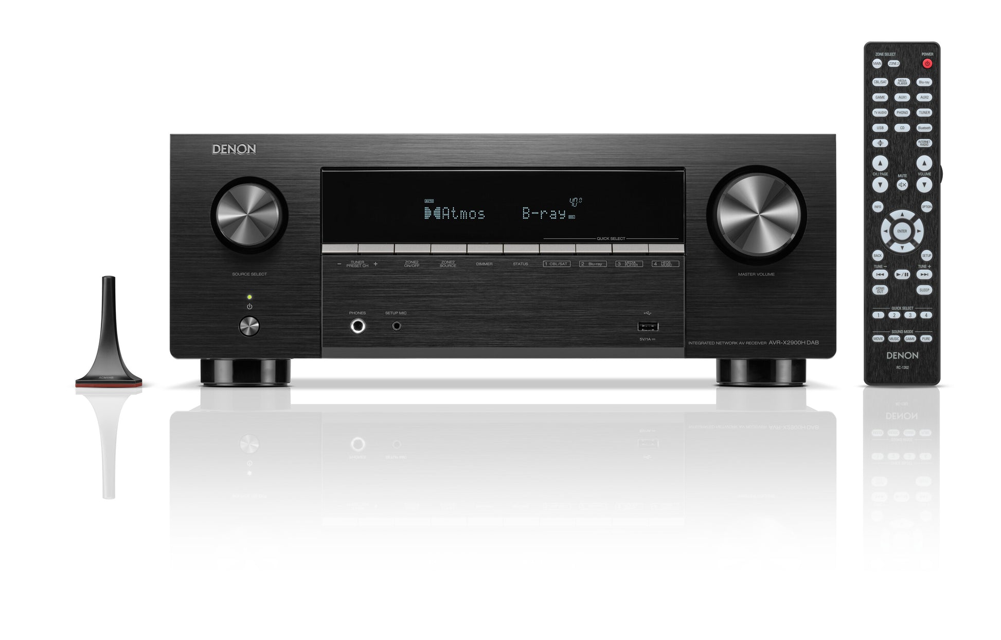 Black Denon AVR-X2900H receiver with remote control on a white background