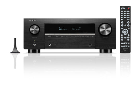 Black Denon AVR-X2900H receiver with remote control on a white background