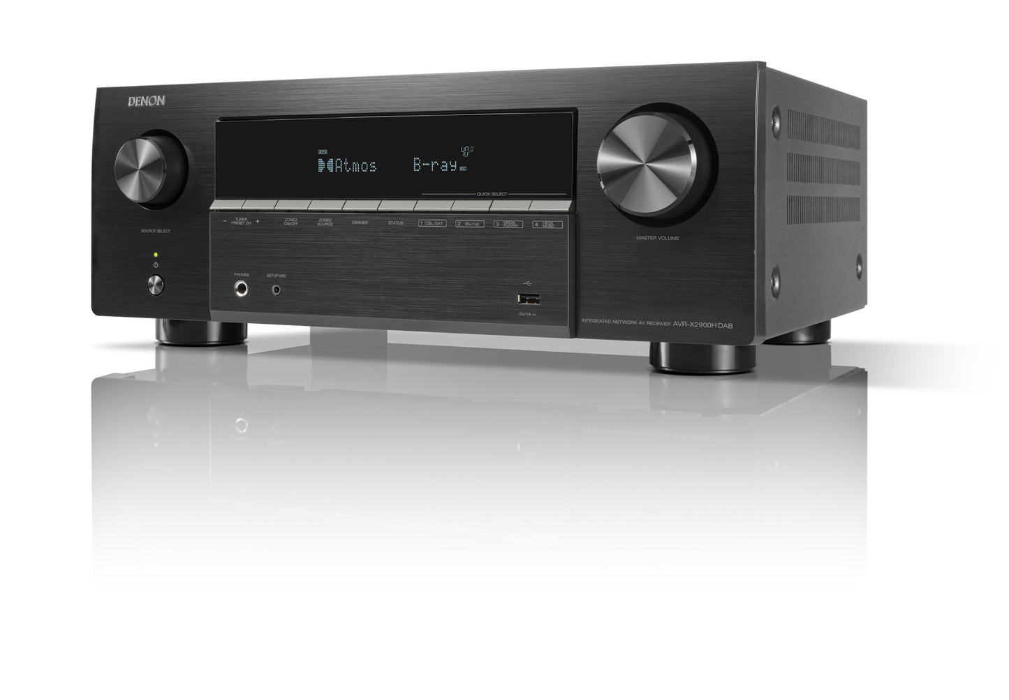 Black Denon AVR-X2900H receiver on a white background