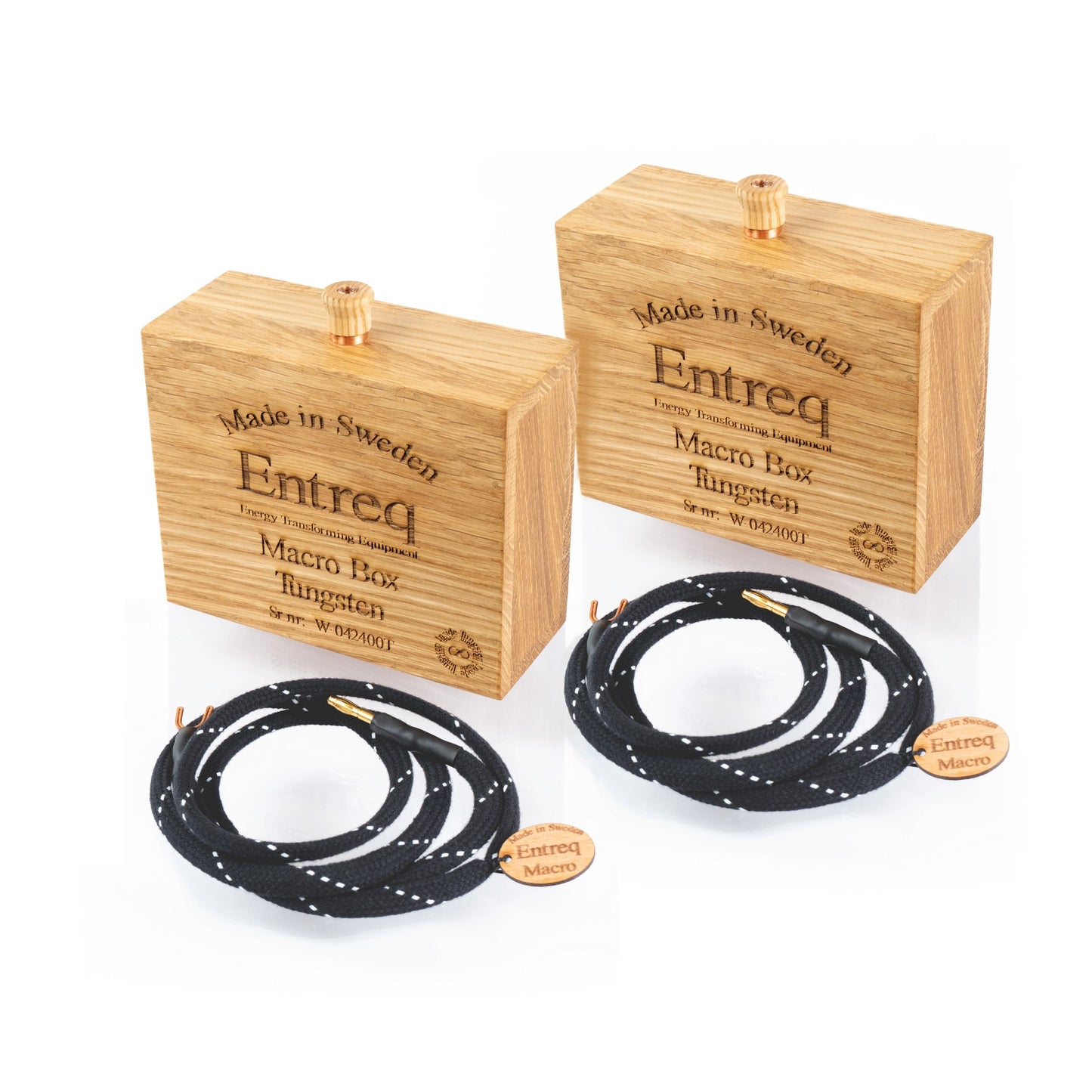 Entreq Macro Box Tungsten Twin Kit — two oak ground boxes with Eartha ground cables