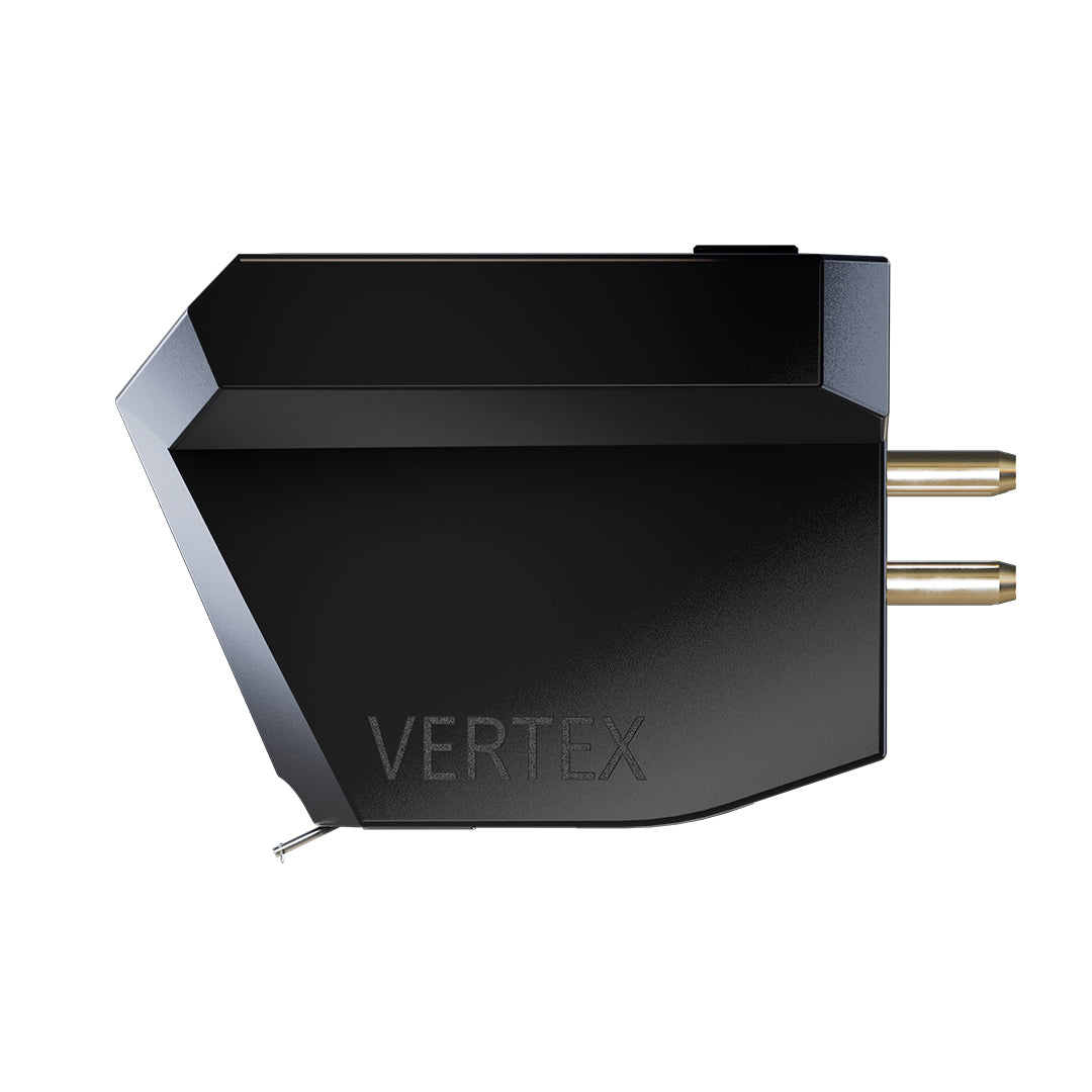 Black vinyl record player cartridge with 'VERTEX' branding on a white background