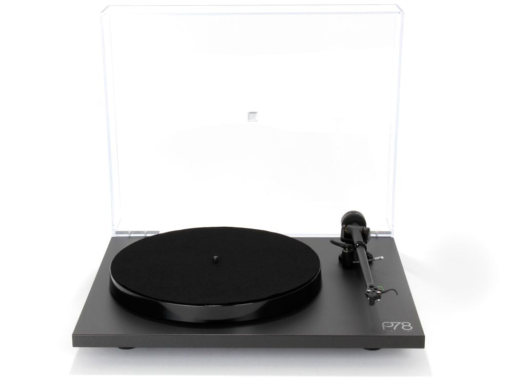 Black turntable with clear dust cover on a white background