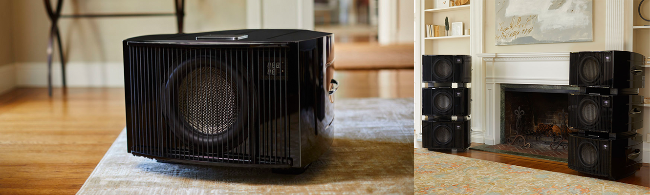 REL No.31 Reference Subwoofer in Piano Black Lacquer finish, front view with string grille