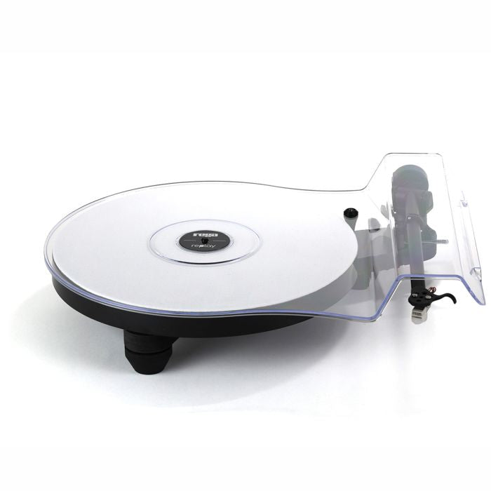 Rega Replay turntable in black finish with dustcover fitted, showing skeletal plinth and RB110 tonearm
