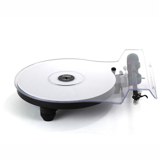 Rega Replay turntable in black finish with dustcover fitted, showing skeletal plinth and RB110 tonearm