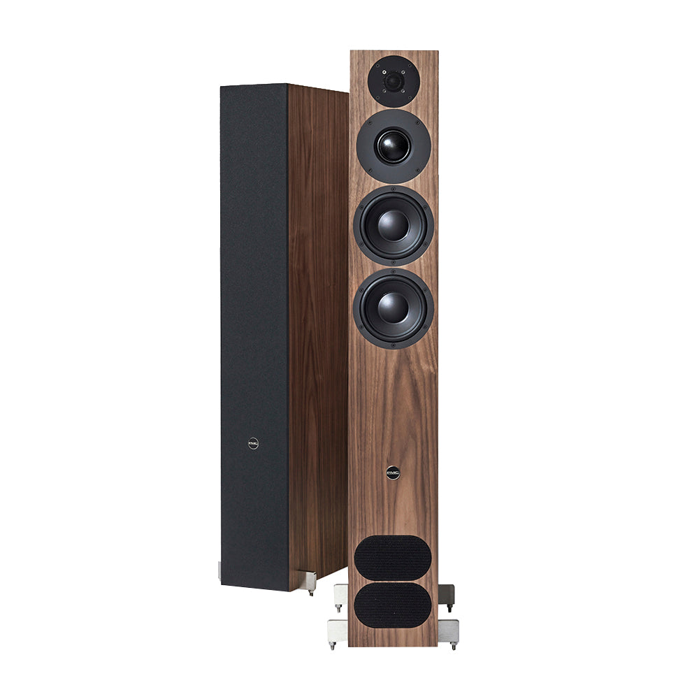 PMC fact.12 Signature floorstanding loudspeaker in White Silk finish, front view. 2. PMC fact.12 Signature in Metallic Graphite finish, three-quarter view. 3. PMC fact.12 Signature in Walnut finish, detail of drive units and ingot feet.