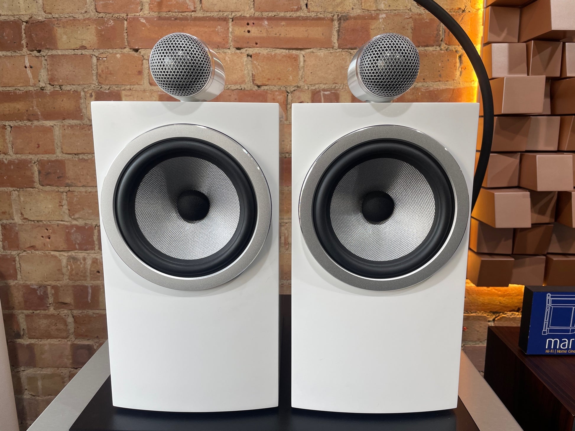 front view Clearance Sale – 705 S3 Standmount Loudspeakers (Ex-Demonstration). Save 25%. White finish, compact design, and stunning high-fidelity sound.