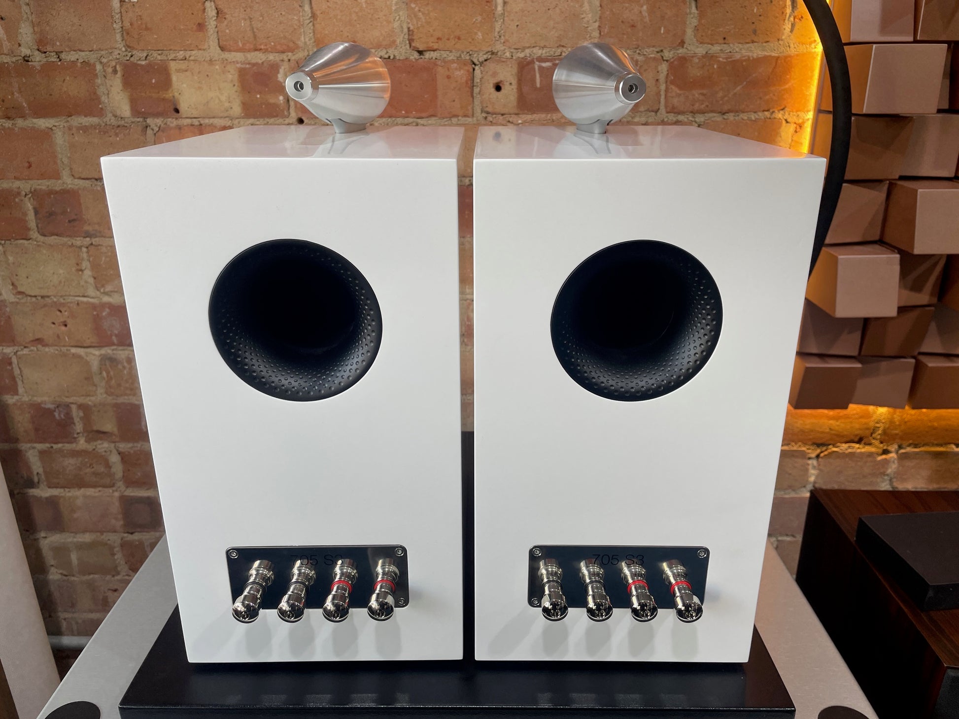 rear view Clearance Sale – 705 S3 Standmount Loudspeakers (Ex-Demonstration). Save 25%. White finish, compact design, and stunning high-fidelity sound.