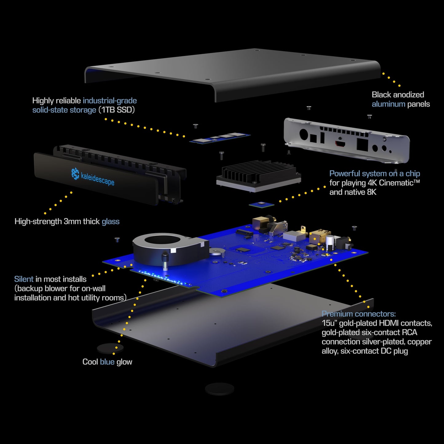exploded version showing all features of the Kaleidescape Strato K Movie Player