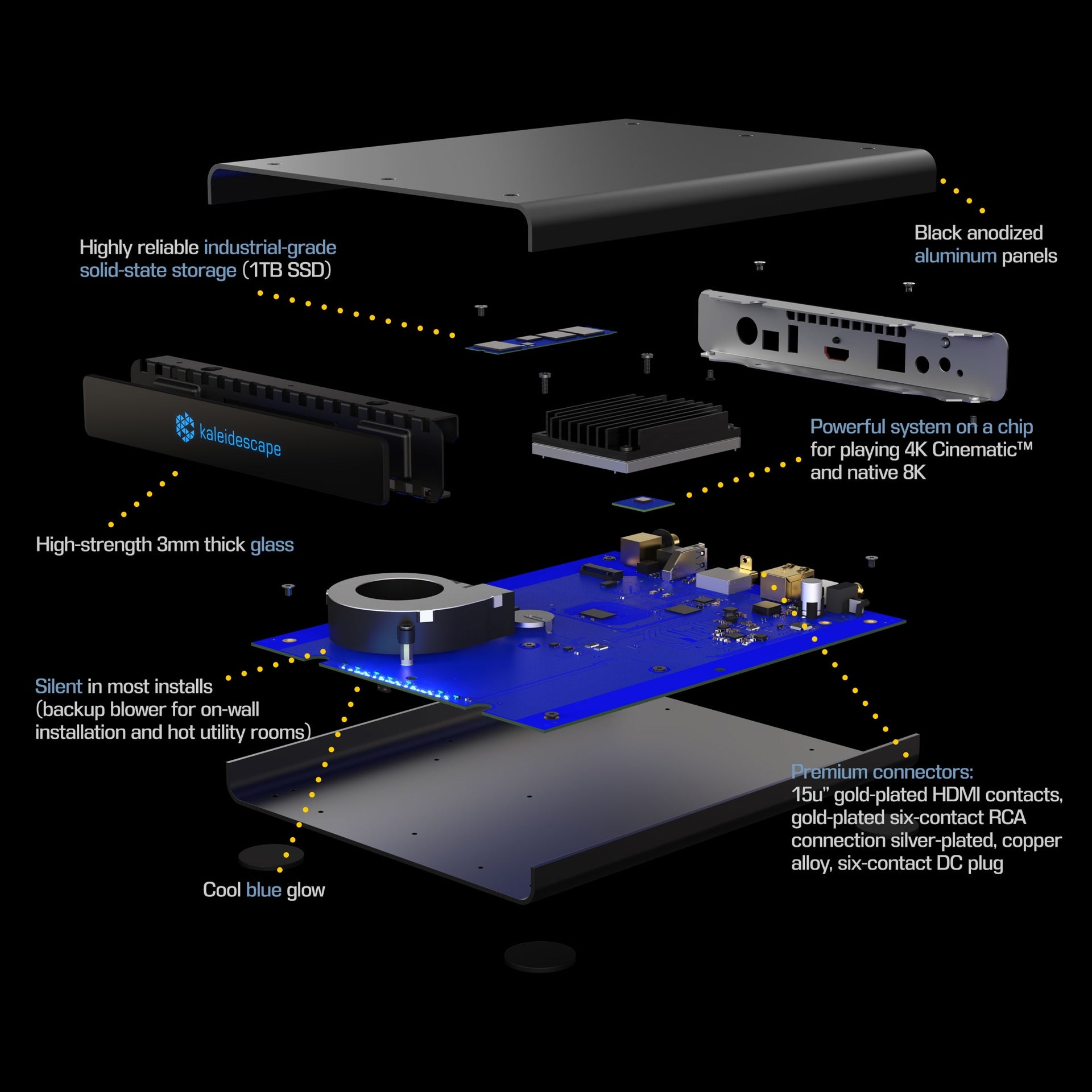 exploded version showing all features of the Kaleidescape Strato K Movie Player